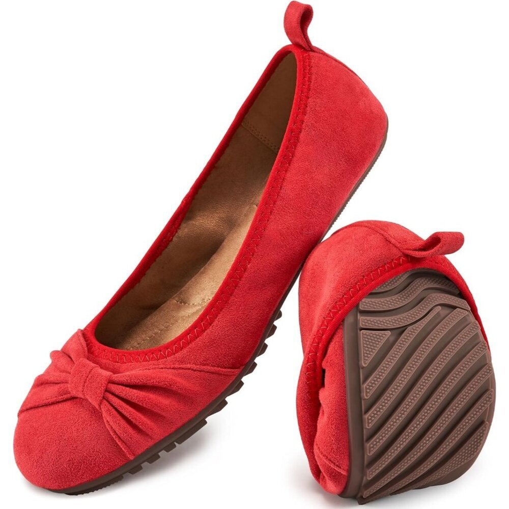 Women's Red Round Toe Elegant Bow knot Foldable Ballet Flats Loafers Shoes